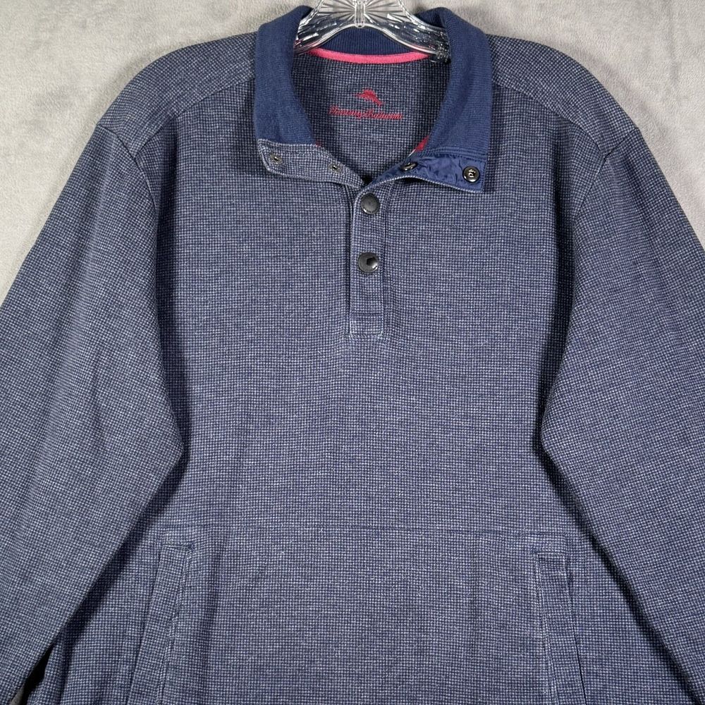 Tommy Bahama Sweater Mens L Blue Snap Button Waffle Pullover Sweatshirt Pockets